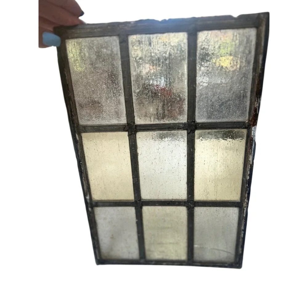 Antique Stained Glass Window Pane Panel 9 Section Primitive‎ Rustic Decor